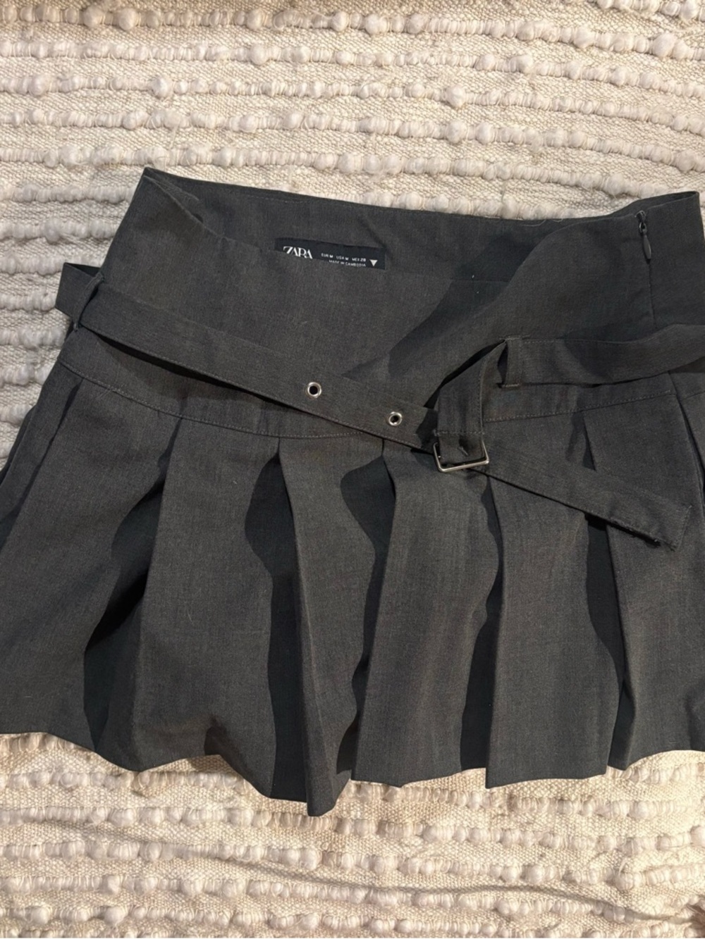 Zara Charcoal Pleated Mini Skirt with Buckle Detail